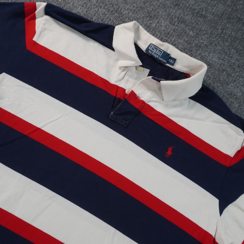 Polo Ralph Lauren Polo Shirt Mens XXL Navy White Red Striped Pique Short Sleeve
